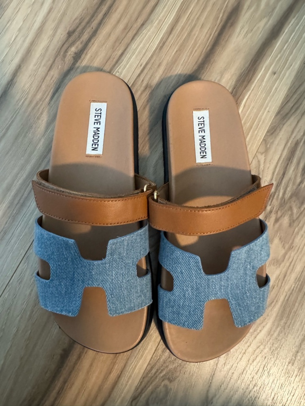 Steve Madden Tan Leather with Light Blue Denim Upper Slide Sandals